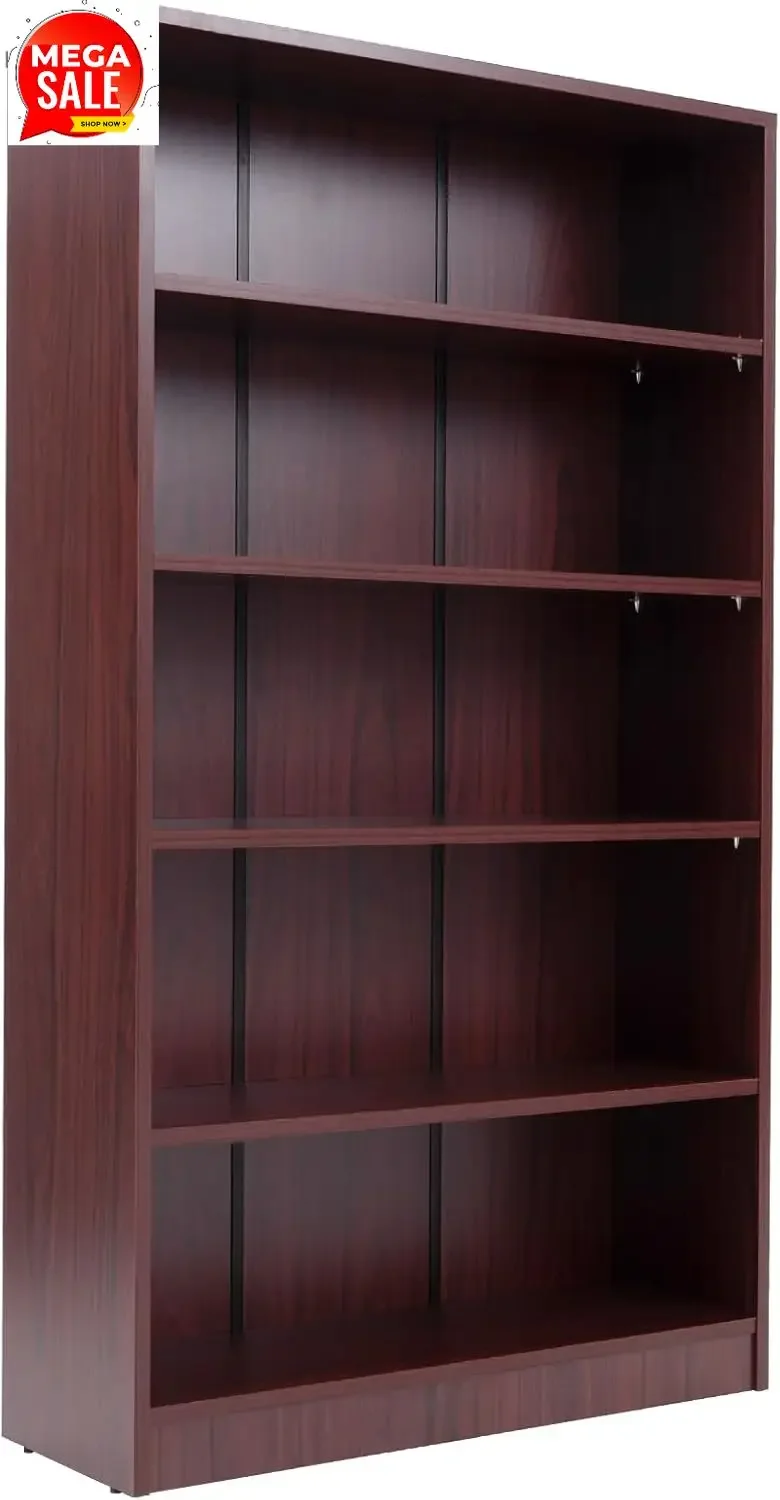 5 Shelf Mahogany Bookcase 60 inch Tall Wood Bookshelf for Bedroom