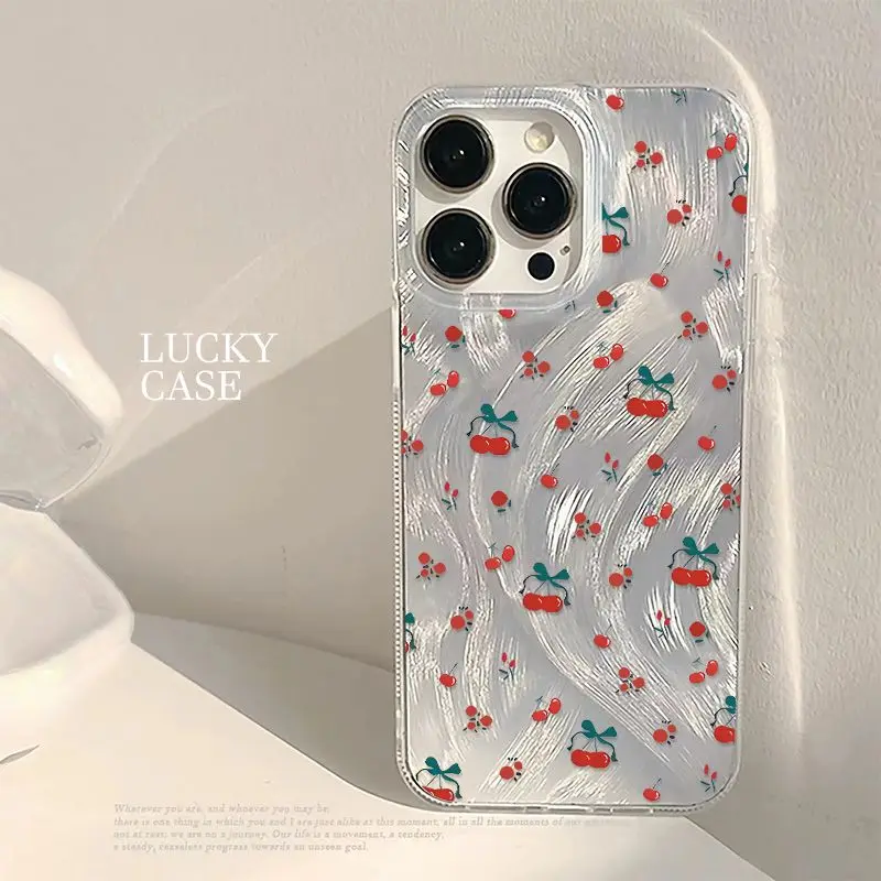 Shiny Feather Yarn Shell with Cherry for iPhone 14 15 Pro Cases iPhone 13 11 12 Pro Max XSmax XR X 7/8 Plus Shockproof Cover