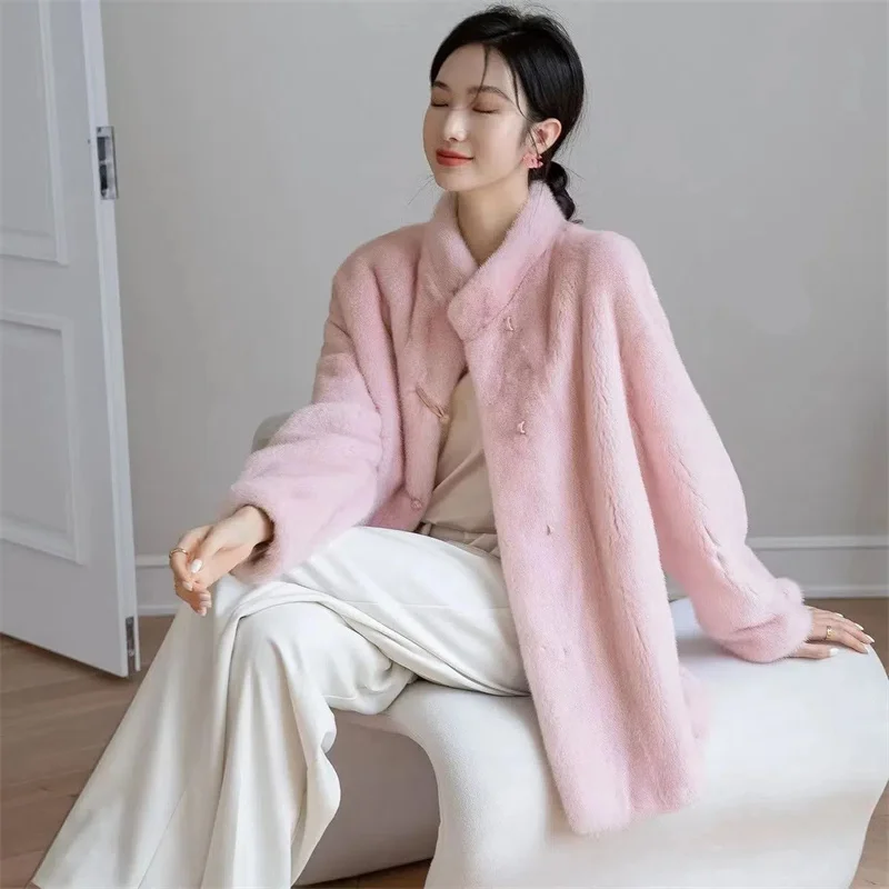 Women Fur Coat Autumn Winter New Stand Collar Disc Buckle Mid-length Imitation Mink Hair Overcoat Female Fashion Fur Coats