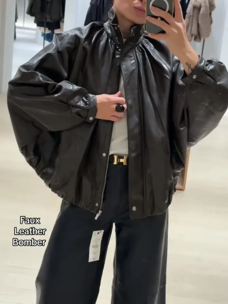 Giacca casual in pelle con mantella con maniche a pipistrello Colletto alla coreana da donna Cappotti bomber monopetto con cerniera a maniche lunghe Cappotto da strada quotidiano da donna