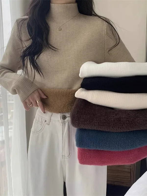 

Spring Knitted Sweater Women's Fce Lined Thiened Inteated Velvet f High Collar Inner Wear Warm Top Commute Sle