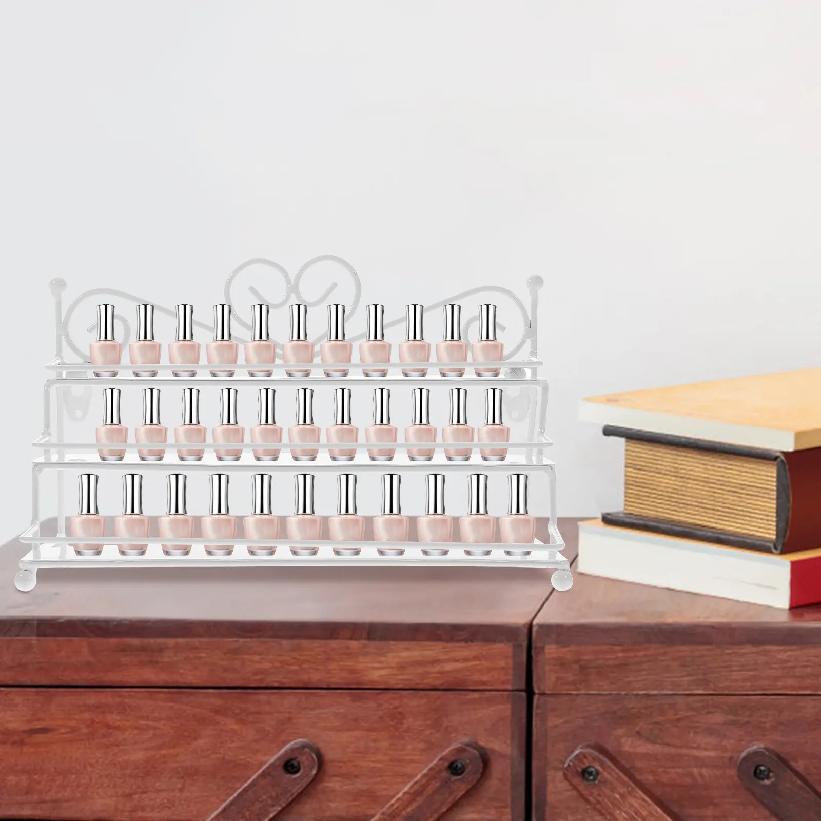 Metal Nail Polish Organizer White Heart Design 3 Rows Stable Anti Slip Base Table Display Rack Nail Polish Holder