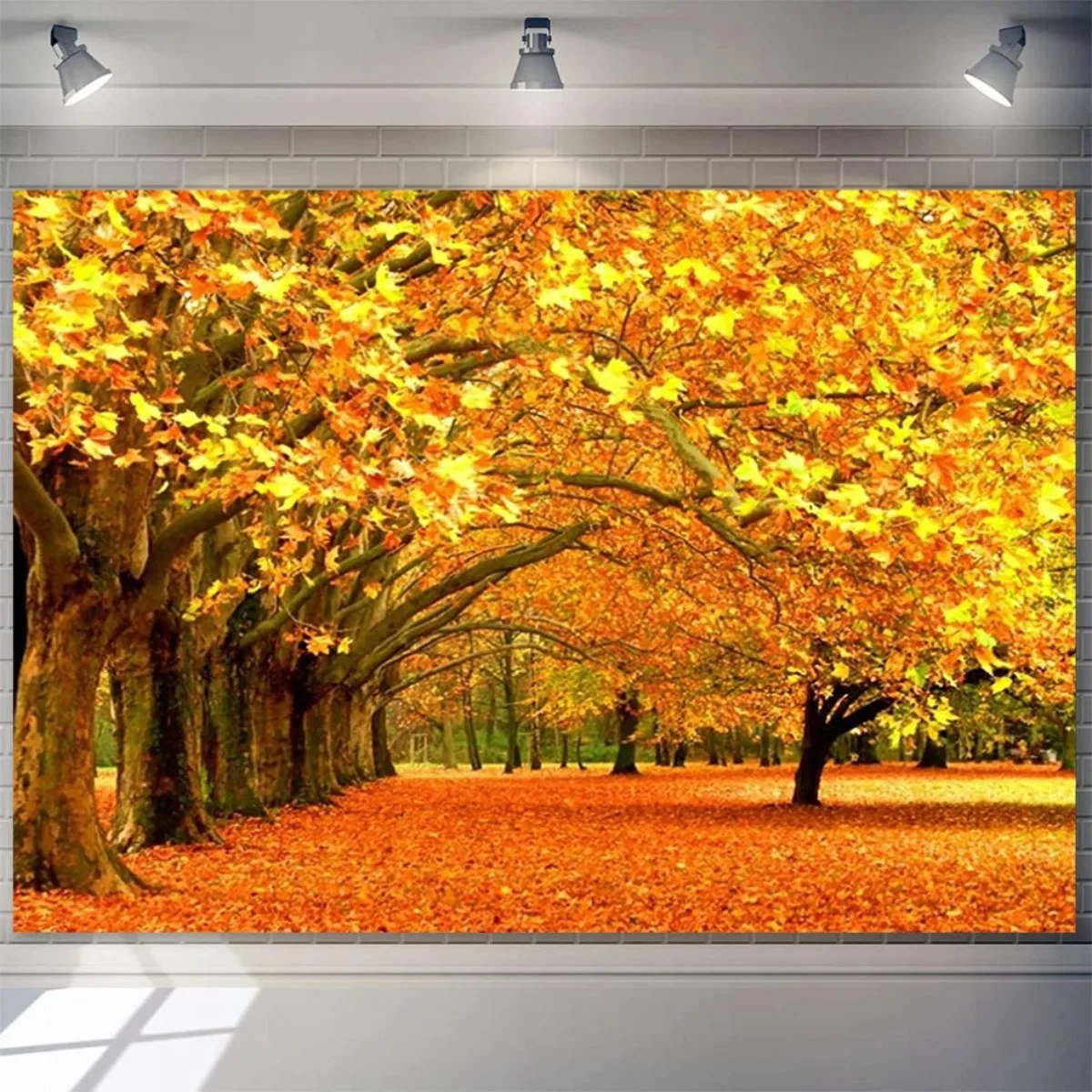 2D-Dekoration, 1 Stück, leuchtender Waldweg mit goldenem Ahornblatt-Hintergrund, geeignet für Hochzeiten, Baby-Taufen, Geburtstage
