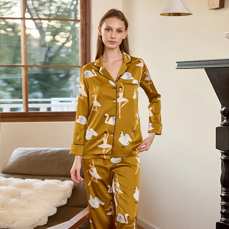 

Женский комплект пижамы с принтом лебедя, роскошный шелковый атласный комплект для сна, пижама с длинным рукавом, 2 предмета, винтажная ночная одежда, домашняя одежда, весна 2026