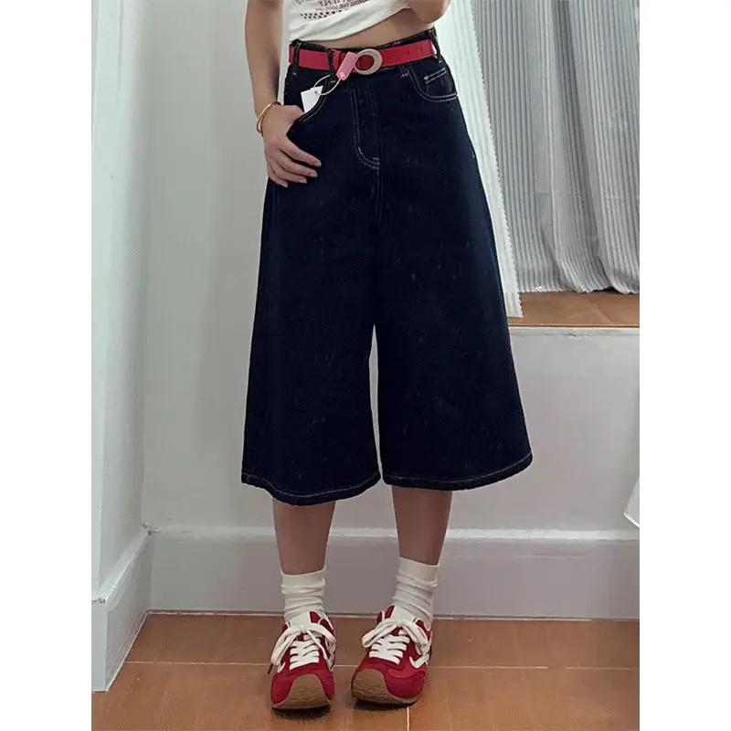 

Women's Dark Blue Loose Wide Leg Calf-length Jeans Summer Shorts Pants Cool Girl Bottom Female High Waist Capris Denim Pants