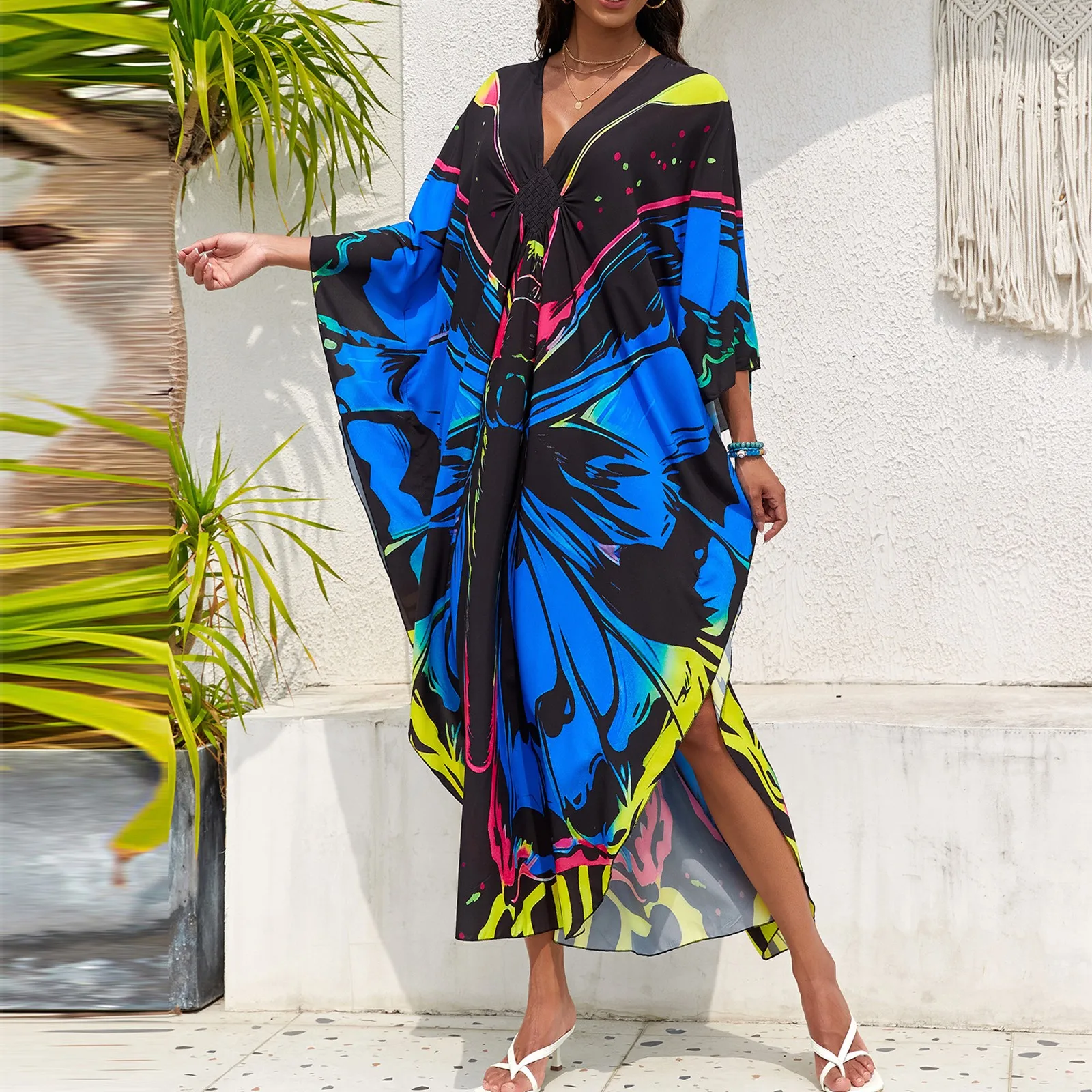 فساتين الشاطئ قفطان مطبوع على شكل فراشة للنساء رداء ماكسي للعطلات الصيفية لباس سباحة للعطلات ملابس سباحة للتستر