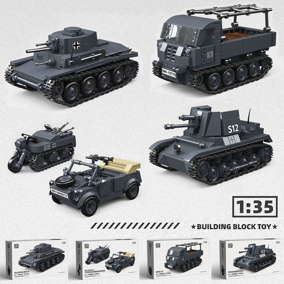 

WW2 German Military Panzer 38T Tank RSO Tractor Half-track Motorcycle Type 82 Car Vehicle Building Blocks Bricks Toys Kids Gifts