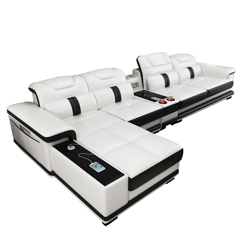 

Customizable MANBAS Luxury Italian Genuine Leather Sectional Sofa Set with Bluetooth Speaker and USB Ports