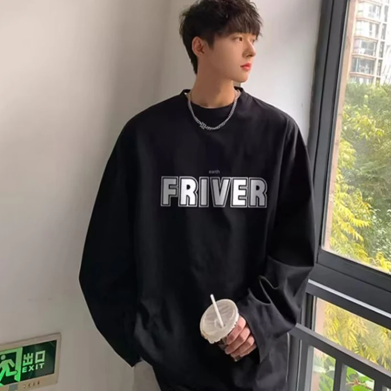 Early Autumn American Cotton T-shirt Men Oversized Long-sleeved High Street Harajuku Pullovers O- Neck Top Streetwear Casual