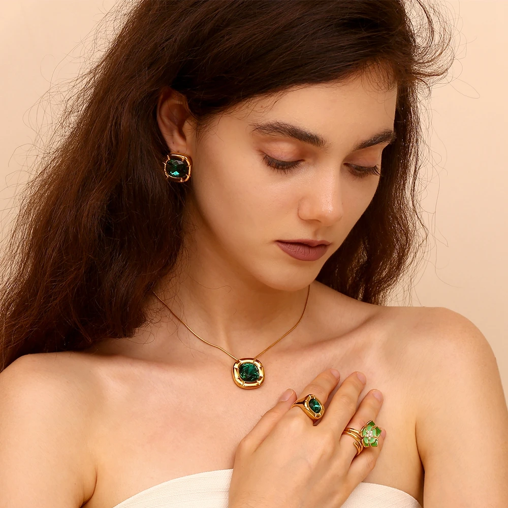 Women's 18K Gold Plated Zircon Rounded Square Necklace Earring Ring Set
