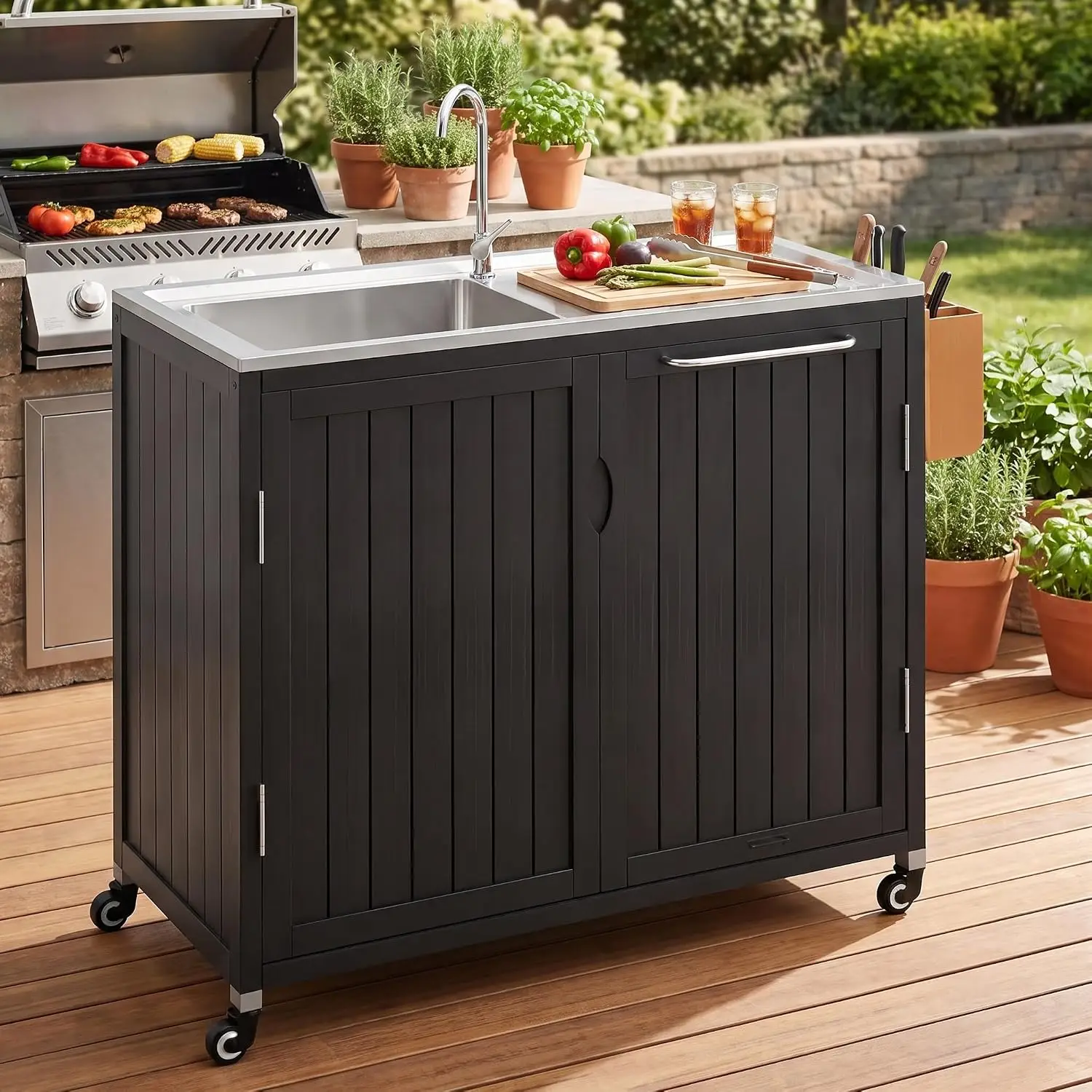 40-Inch Outdoor Grill Cart with Sink, BBQ Prep Station with Storage Cabinet, Customized