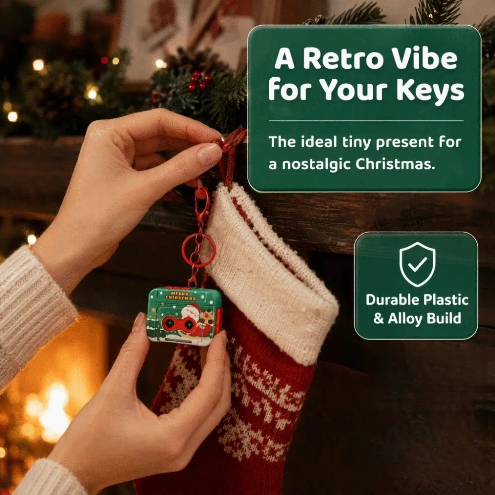 Vintage Cassette Recorder Key Chain Creative Commemorate Voice Mini Tape Recorder Santa Claus Reindeer Christmas Music Pendant