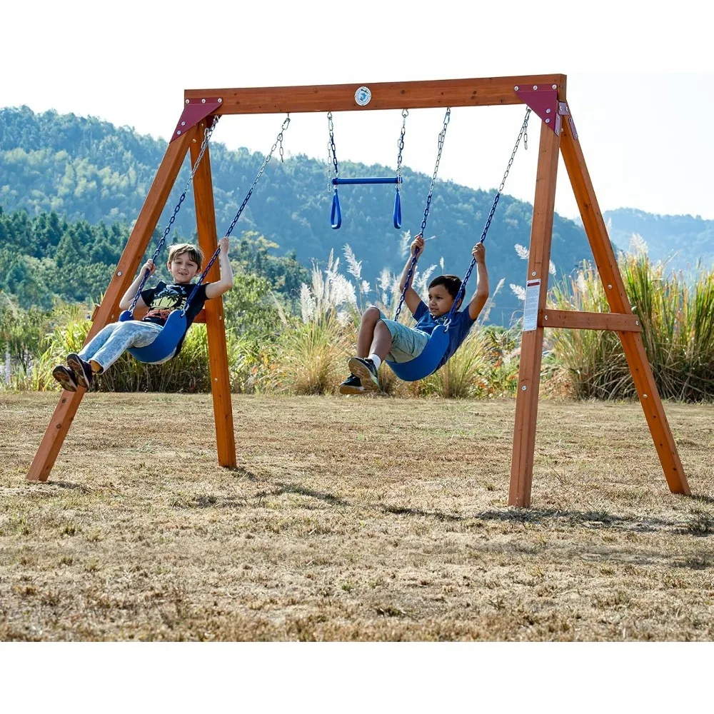 Envío de EE. UU., juego de columpios de madera DIY para patio trasero con barra columpio trapecio y 2 columpios de cinturón, patio de juegos al aire libre resistente para niños
