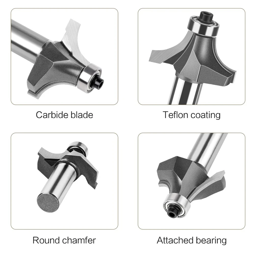 Bit Router Redondo com Rolamento, Carbide Milling Cutter, Rounder Bits, Ferramenta de Carpintaria, Shank Corner, 12mm, 12.7mm