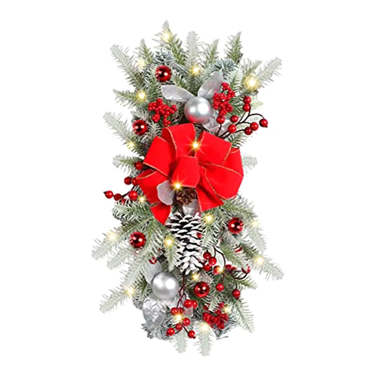 Cordless Prelit Stairway Christmas Swag, Christmas Wreaths for Front Door, Hanging Ornaments for Indoor Outdoor Red