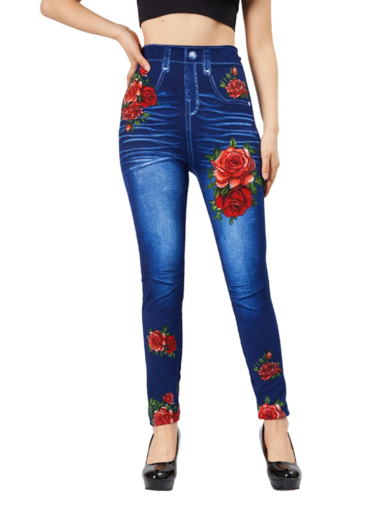 CUHAKCI Elegant Women Casual Fake Jeans Red Rose Flower Print Vintage Stretch Pencil Pants Slim Fit Thin Workout Yoga Jeggings