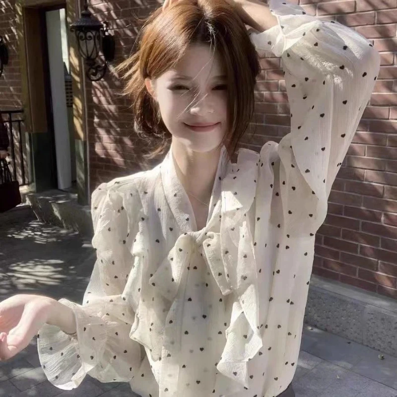 

Women's Sweet V-Neck Ruffle Polka Dot Blouse Spring Summer New Tie Bow Chic Top