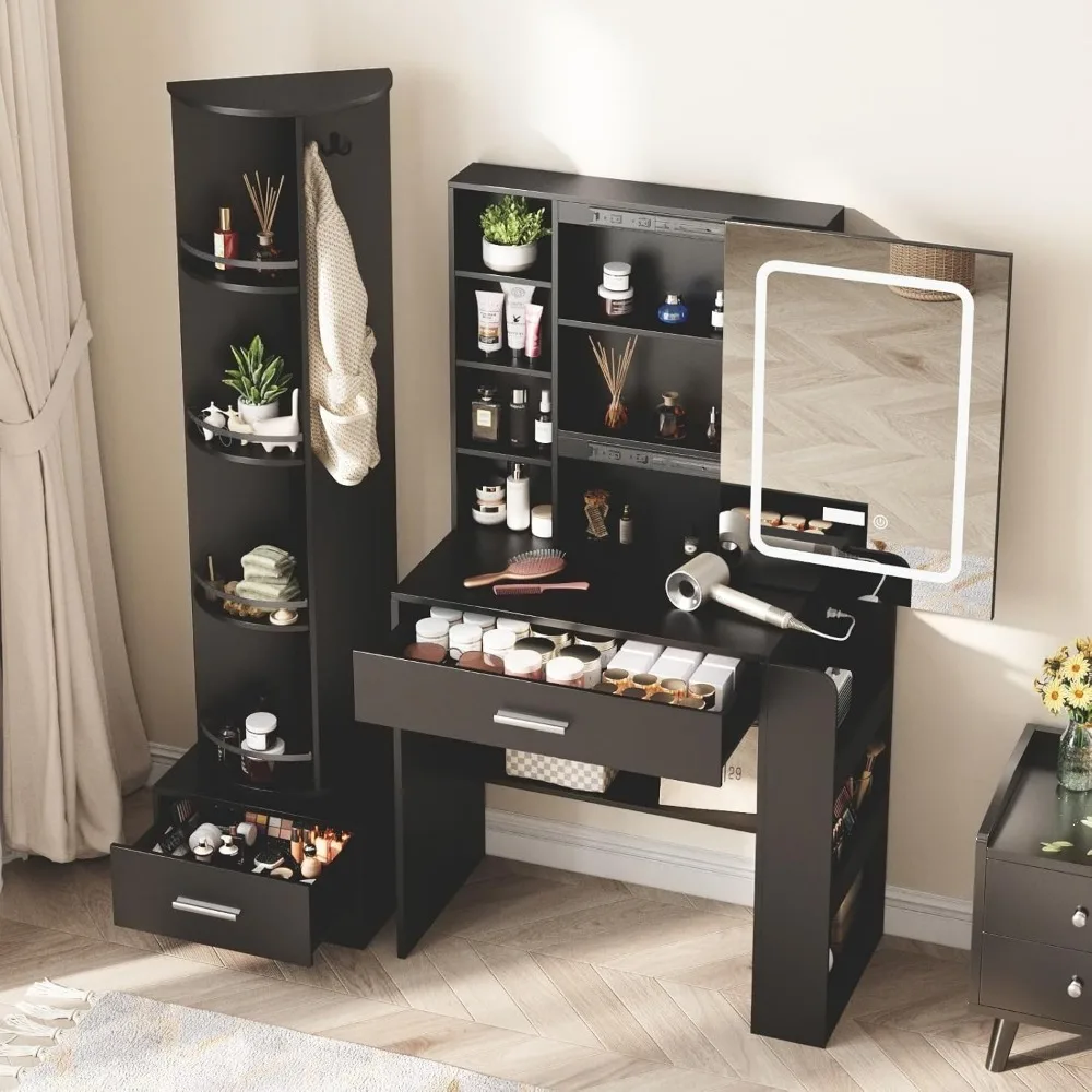 Vanity Desk with Full Length Mirror and Lights Mirror Makeup Vanity Table with 2 Large Storage Drawers,Shelves,Black