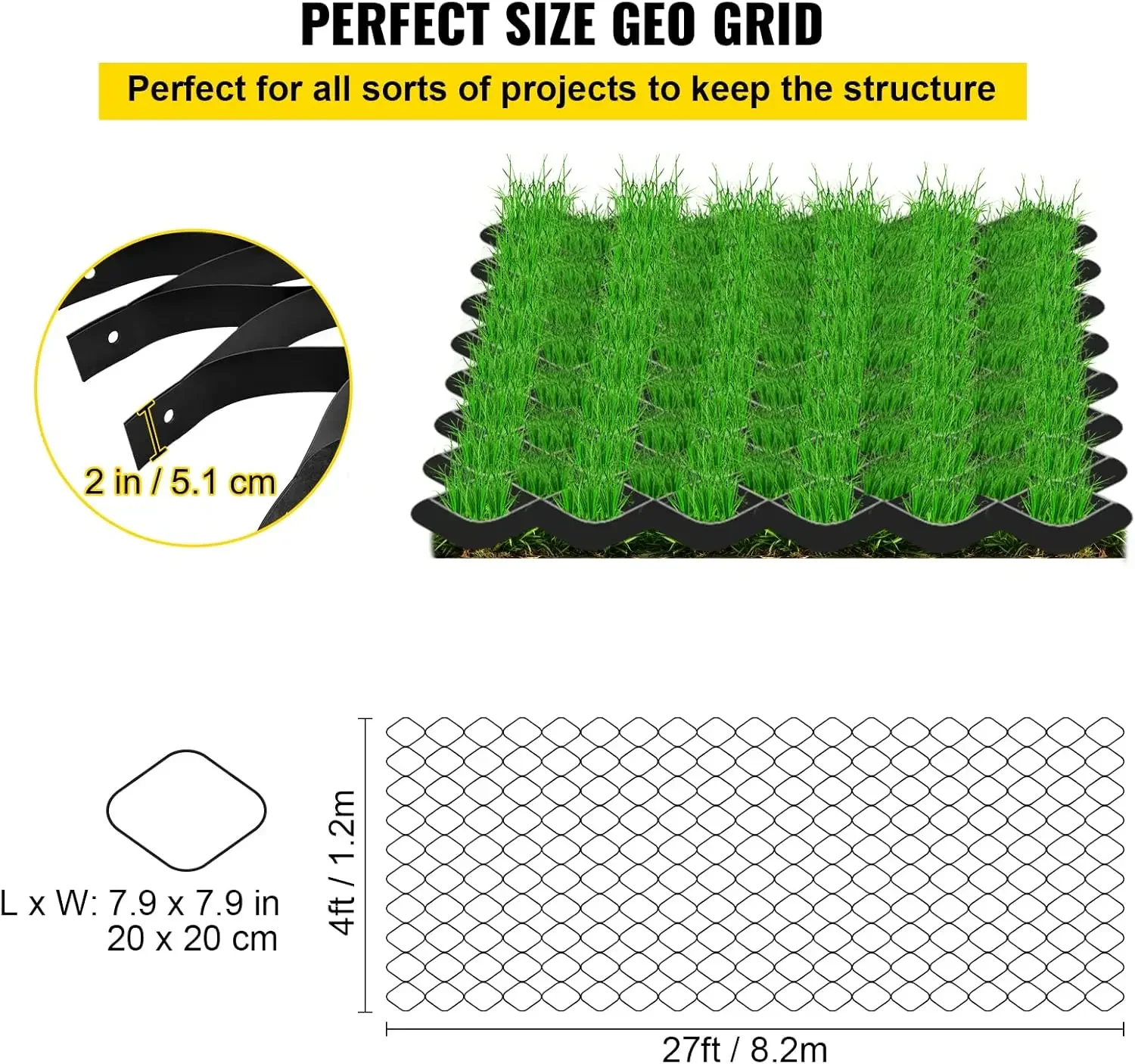 Rejilla de tierra de 27 pies x 4 pies, rejilla geográfica de carga de 1885 libras por pies cuadrados, sistema de estabilización permeable de profundidad de 2", negro