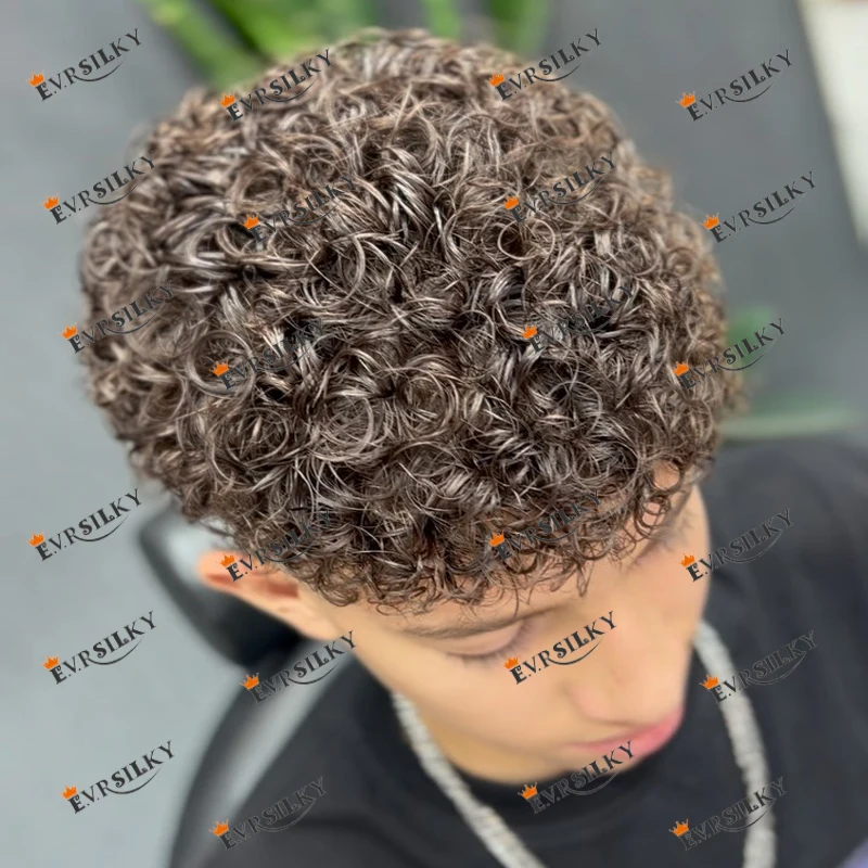 Prótesis capilar de cabello humano Marrón oscuro indetectable, pelucas Afro rizadas negras masculinas, línea de pelo Natural duradera, Unidad de tupé para hombres, 15mm