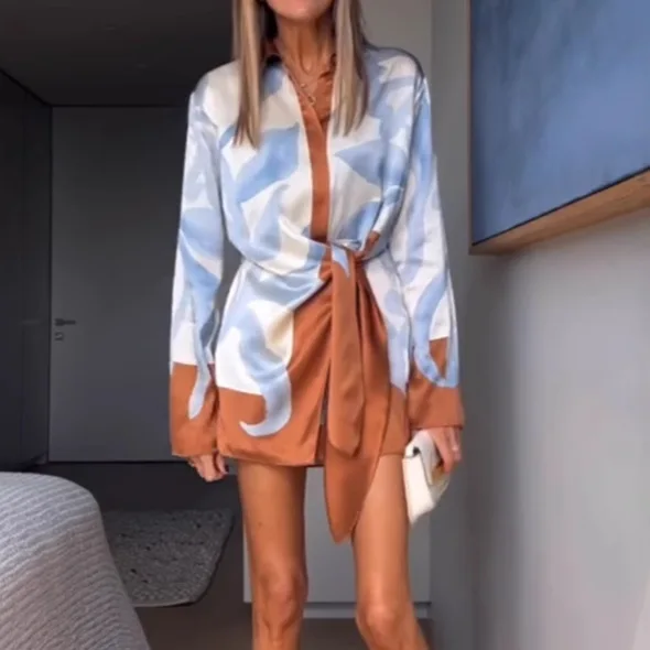 

European And American Women's Clothing Contrasting Colors Casual Irregular Knotted Fashion Long-sleeved Shirt Dress