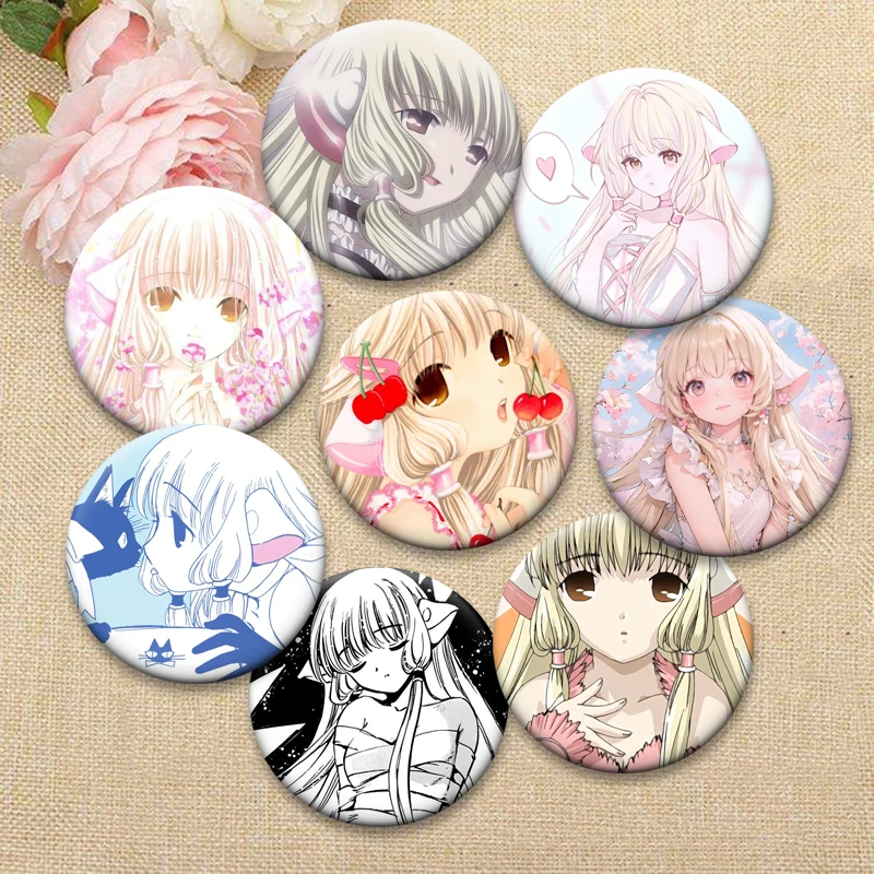 Anime Chobits Round Brooches Chi and Freya Cute Cartoon Badge Handmade Exquisite Tinplate Pins Backpacks Bag Ornament Accessorys