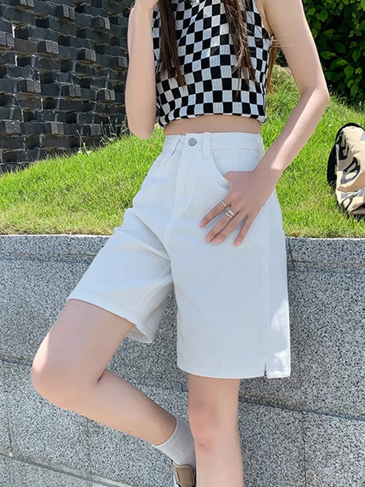 GUUZYUVIZ High Waist Shorts Jeans Feminino Casual Loose Floral Pocket Shorts Woman Harajuk White Denim Short Pants Summer