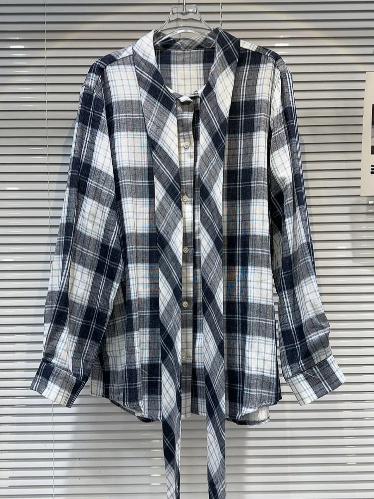 DEAT Trendy Women's Contrast Color Plaid Loose Shirts 2024 Autumn Fashion Turn-down Collar Long Sleeve Blouse Female 33A1732