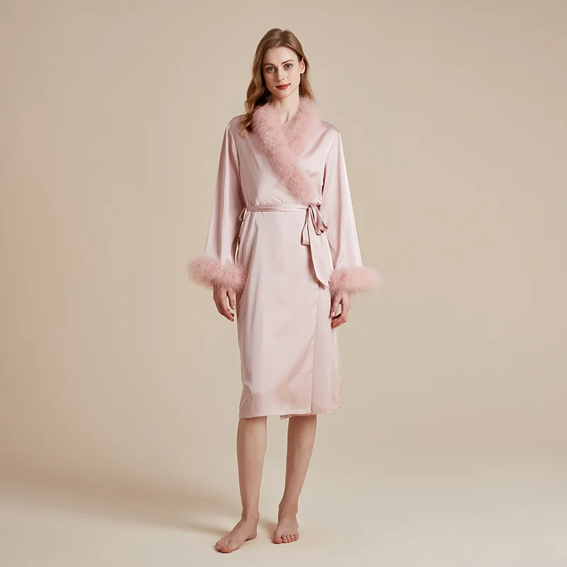 Bei Nu Meng 2025 autumn new French high-end ice silk pure desire wind cuff neckline removable feather morning gown