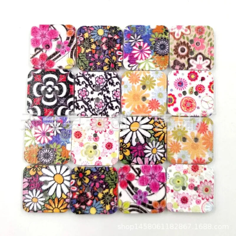 

15Mm white background printed square wood buttons DIY children's handmade decorative stickers 50 in a pack