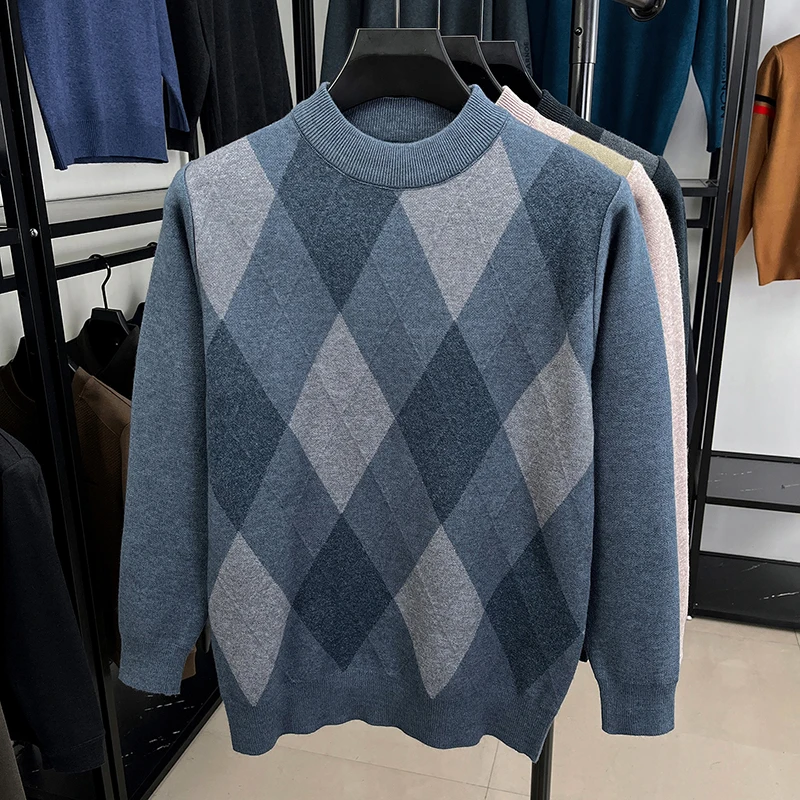 

High end checkered color blocked round neck pullover men fashion luxury comfort knitted personality printed new casual sweater