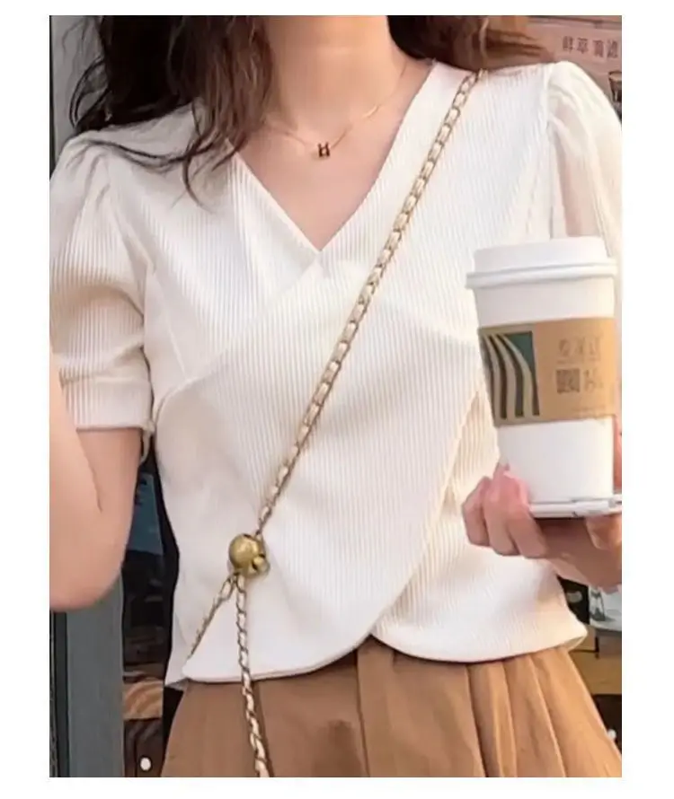 L Pintuck Balloon Sleeve 튜닉 반소매 셔츠 여성 주름 방지 현대 도시 예술적 학생 젊고 편리함