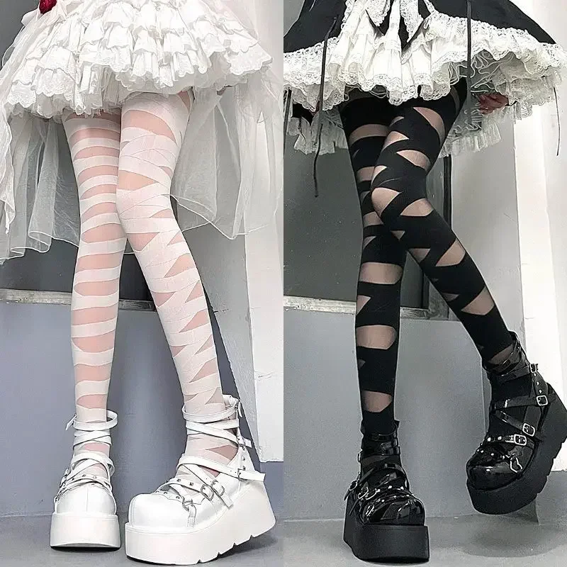 Gothic Lolita Bandage Design Zachte Fluwelen Panty Vrouwen Sexy Cross Strap Onderkant Kousen Punk Emo Jk Cosplay Schattige Meisjes Kousen