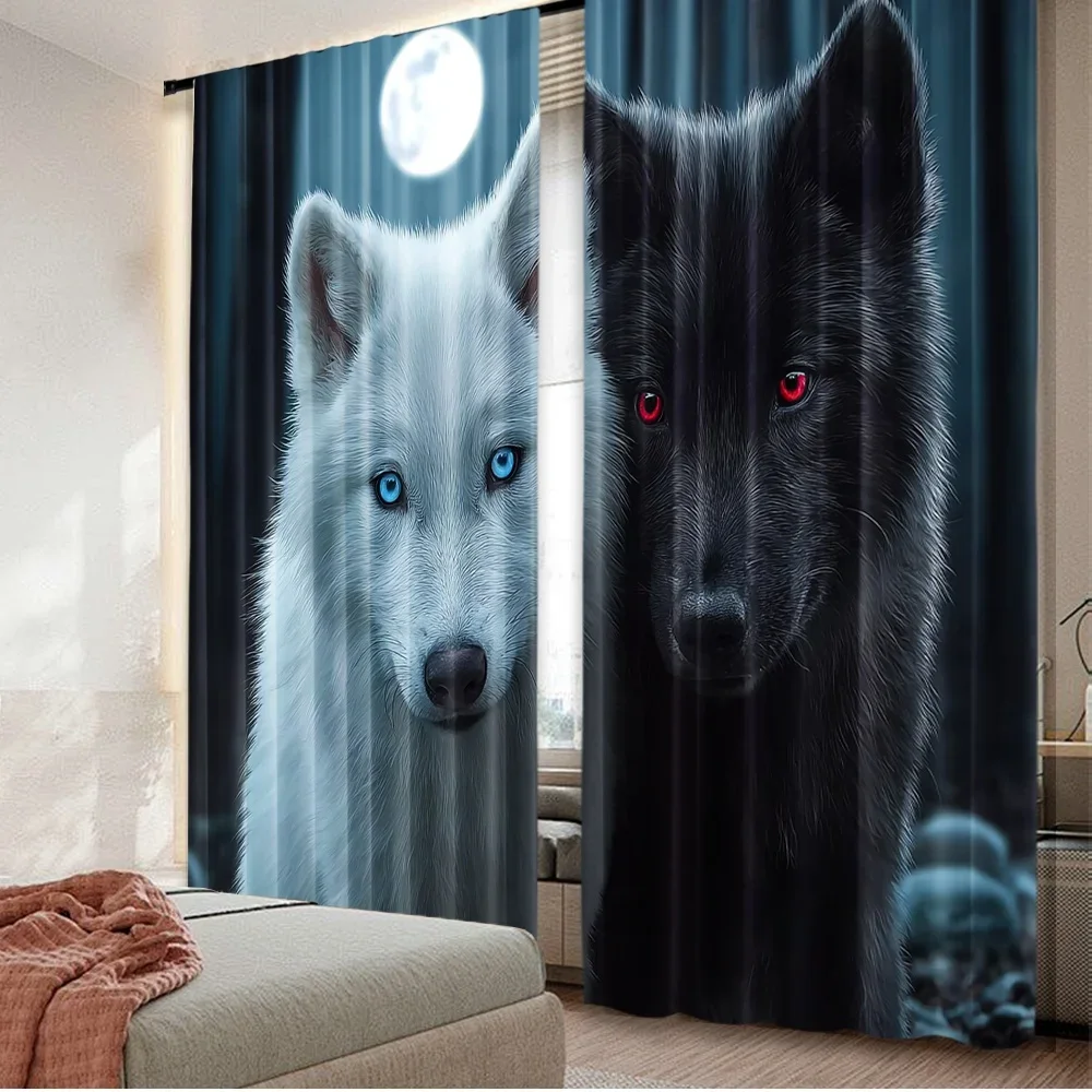 

2D flat printing 2pcs Window Curtains Horror Fantasy Moonlit Wolves Digital Printed Polyester Drapes Birthday Party for Indoor