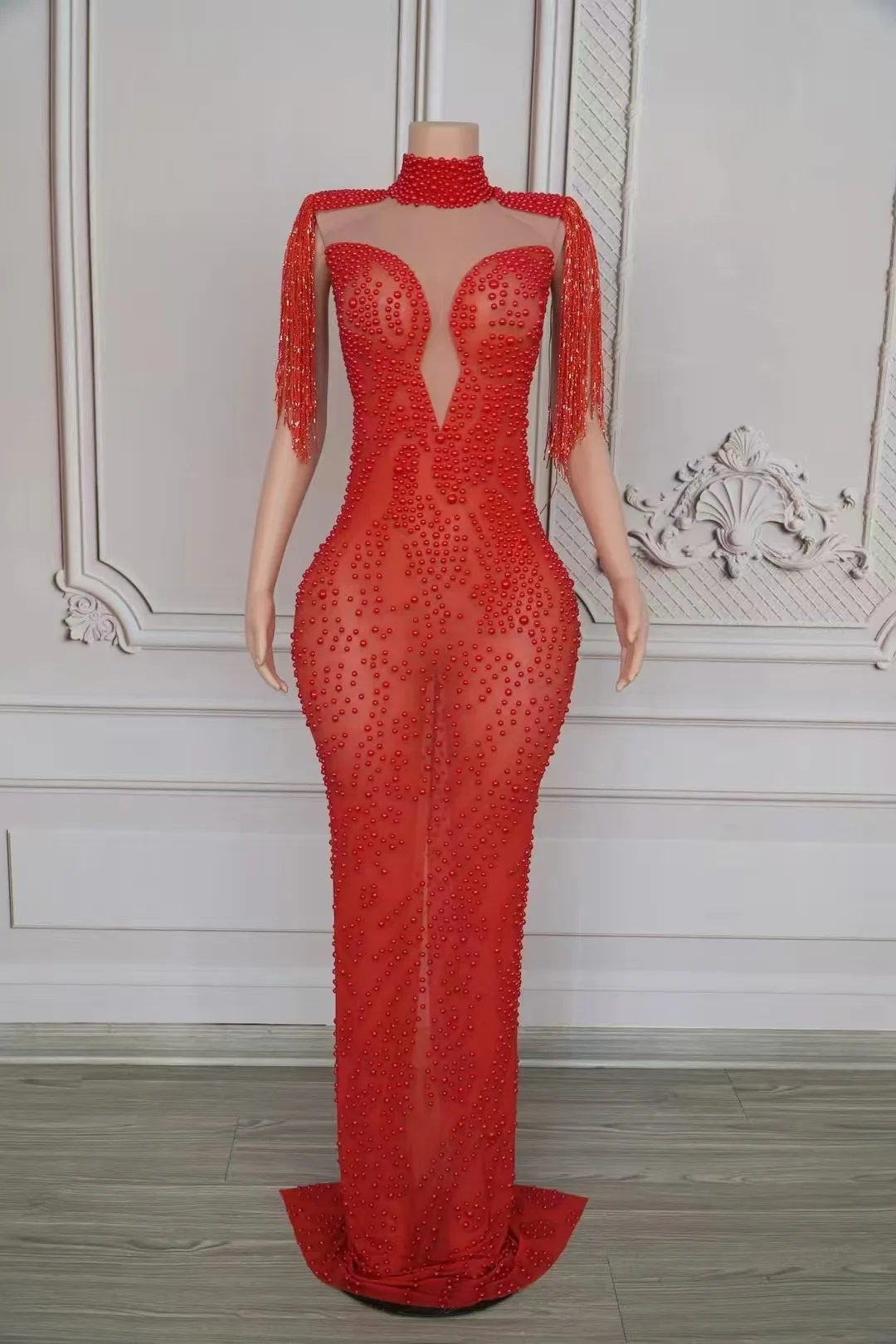 

Red Pearls Short Sleeve Stretch Long DressWomen Sexy Mesh Tassel Celebrate Evening PromBirthday Wedding Gown Show Wear D295