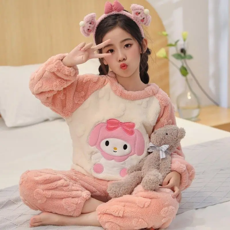 Sanrios Cinnamoroll Autumn Winter Children's Pajamas Flannel Melody Girl Cartoon Coral Fleece Boys Kuromi Thickened Home Clothes