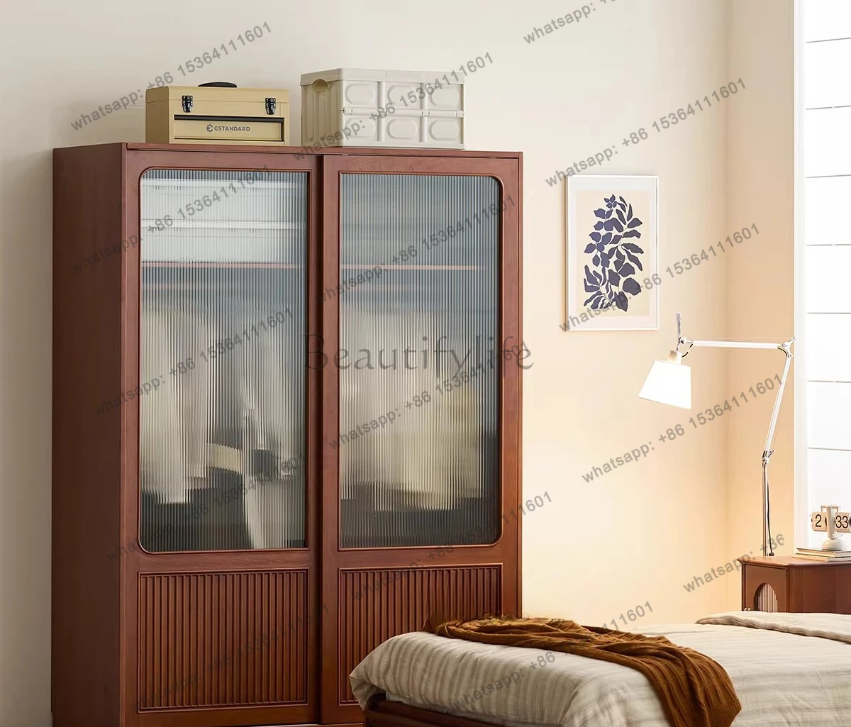 Cherry wood retro sliding door wardrobe French medieval solid wood sliding door storage