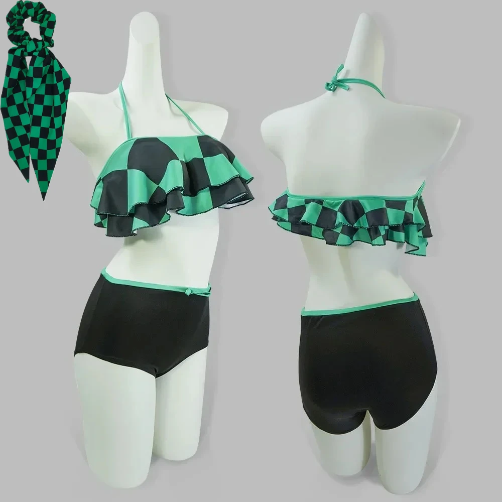 

Anime Summer Demon Bath Suit Swimwear Kimetsu Yuukaku Hen Bikini Kamado Tanjirou Nezuko Zenitsu Swimsuit Cosplay Hairbands