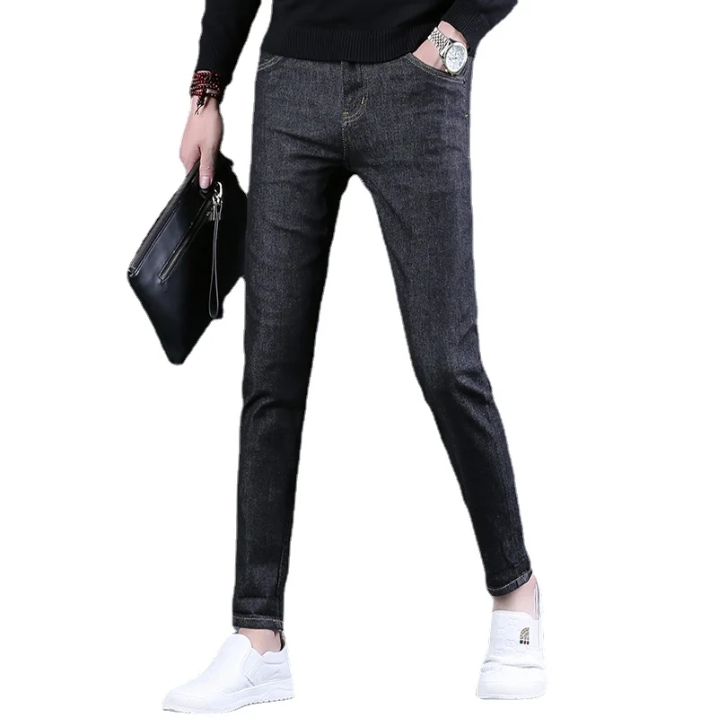 Autumn Men Black Jeans Casual Slim Fit Straight Leg Pants Streetwear Fashion Pure Color Cotton Denim Trousers CP2106
