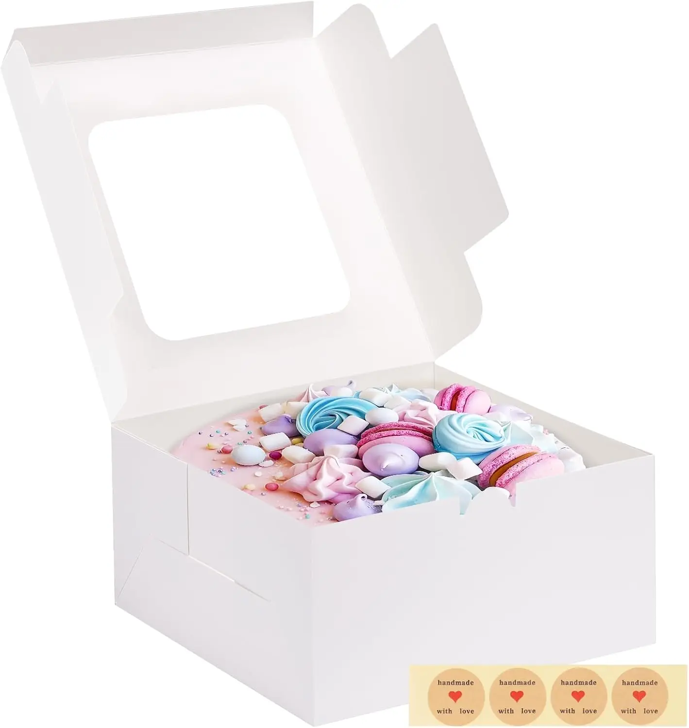 Paquete de 4 Cajas para Pastel con Ventana, Contenedores Blancos para Panadería de 10x10x5 Pulgadas, Desechables para Pasteles, Cupcakes, Galletas, Tartas y Repostería