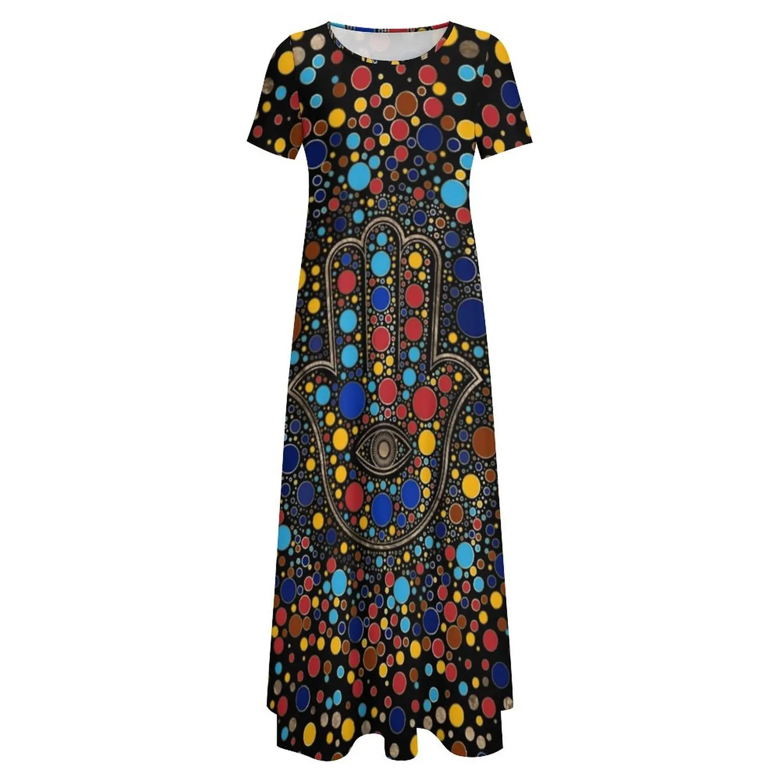 Hamsa vestido estampado à mão colorido ponto arte kawaii maxi vestido feminino manga curta moda boho praia vestidos longos tamanho grande 6xl 7xl