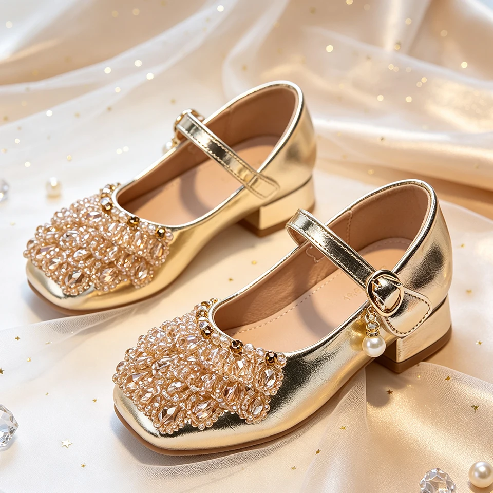 Sparkly Rhinestone Crystal & Pearl Luxury Girls Low Block Heel Mary Jane Shoes Formal Party Beauty Pageants Wedding Kids Shoes