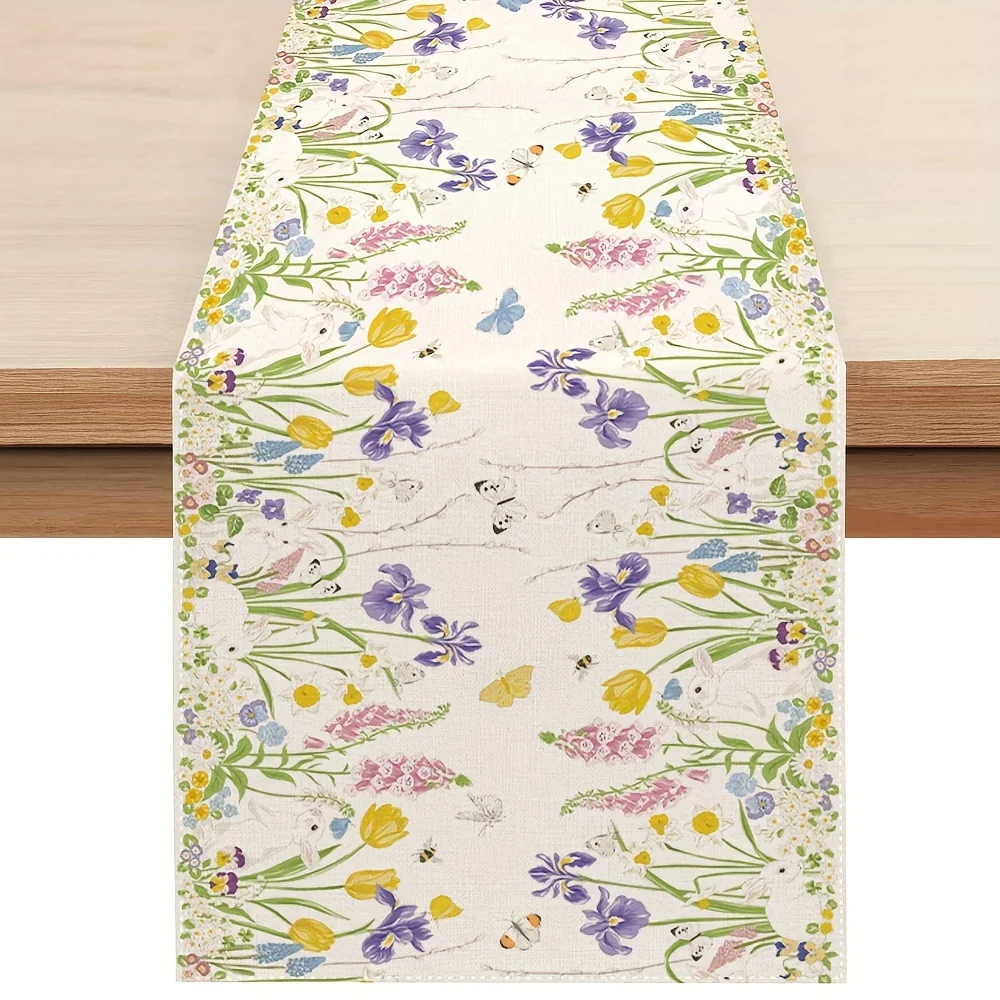 Happy Easter Theme Bunny Linen Table Runner Holiday Party Decor Spring Watercolor Wildflowers Plants Table Runners Table Decor