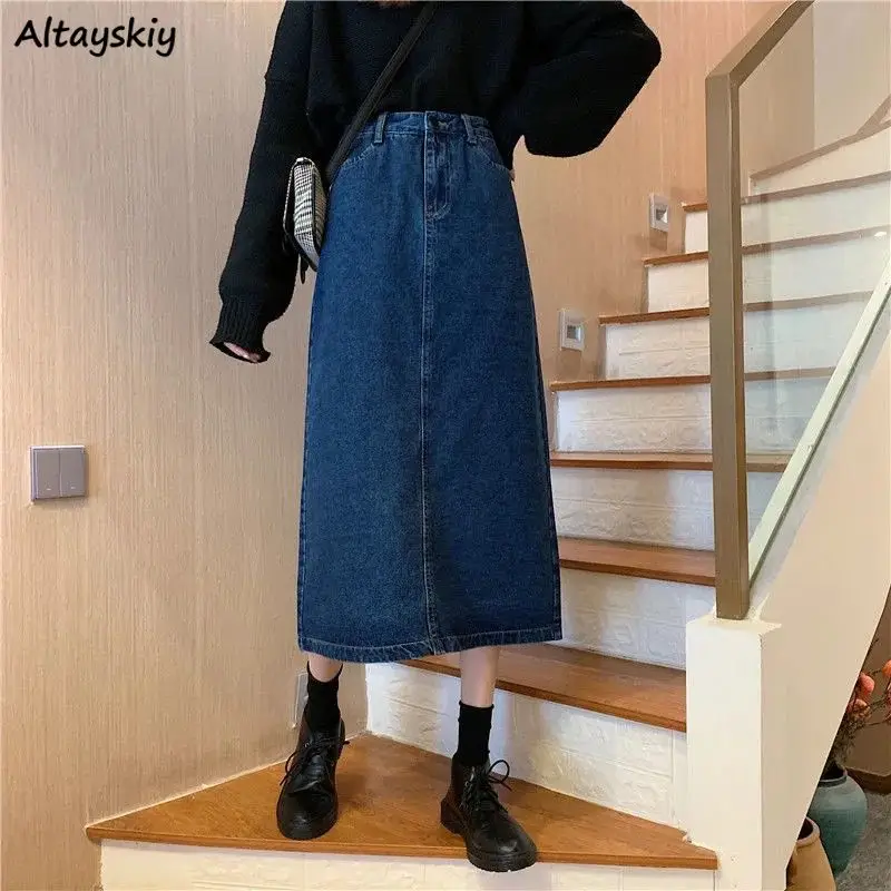 

Midi Skirts Women Vintage Zipper Fly Empire A-line Faldas Largas Mujer Elegant Casual All-match Stylish Solid Denim Skirt Woman