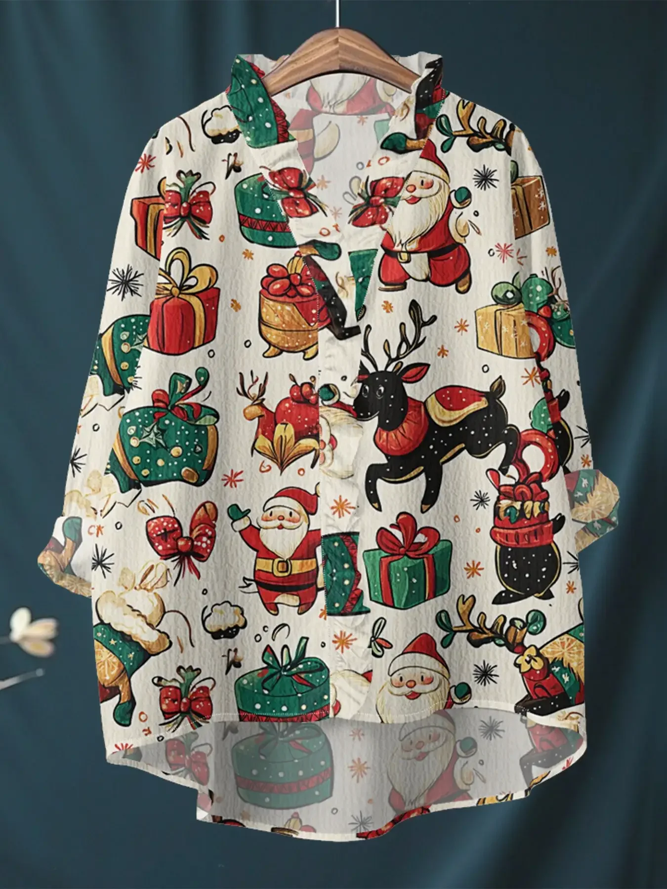 

Christmas digital printed women's long sleeved shirt with ruffled collar,Best gift choices for Halloween/Christmas/New Year