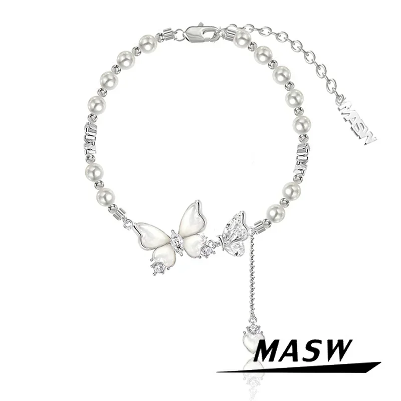 MASW Original Design Zircon Shell Simulated Pearl Dancing Butterfly Charm Bracelet For Women Girl Party Gift Sweet Jewelry