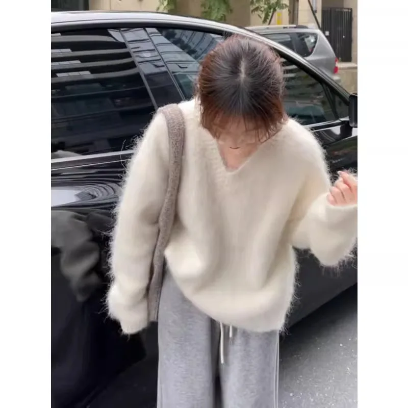Lazy Style Yellow Soft Mohair Knitted Loose Sweaters Tops New Fall Winter Women Long Sleeve V Neck Thick Warm Oversize Pullovers