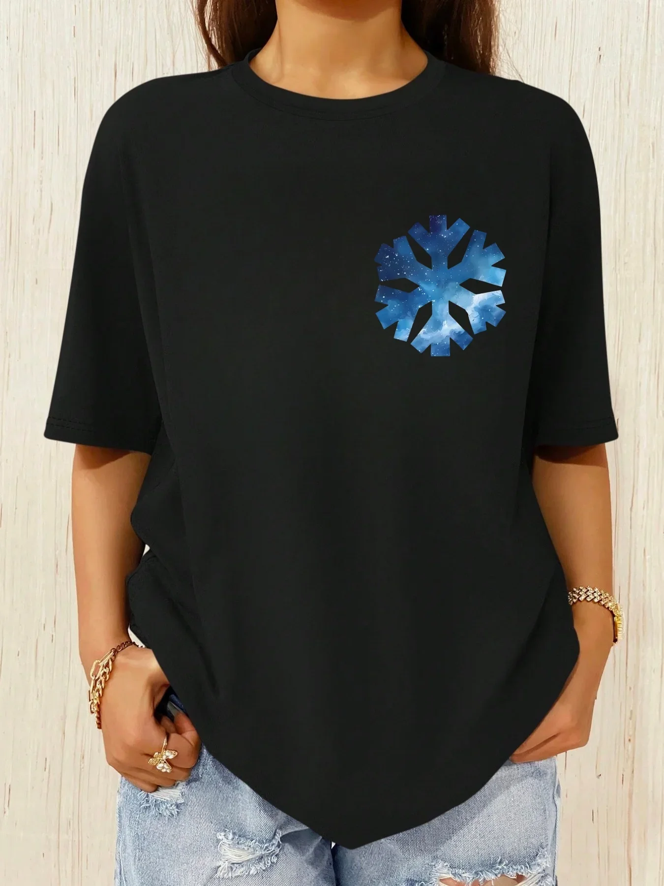 Sternenhimmel-Schneeflockenmuster mit Schneeflockendruck, vielseitiges und modisches Damen-T-Shirt aus reiner Baumwolle