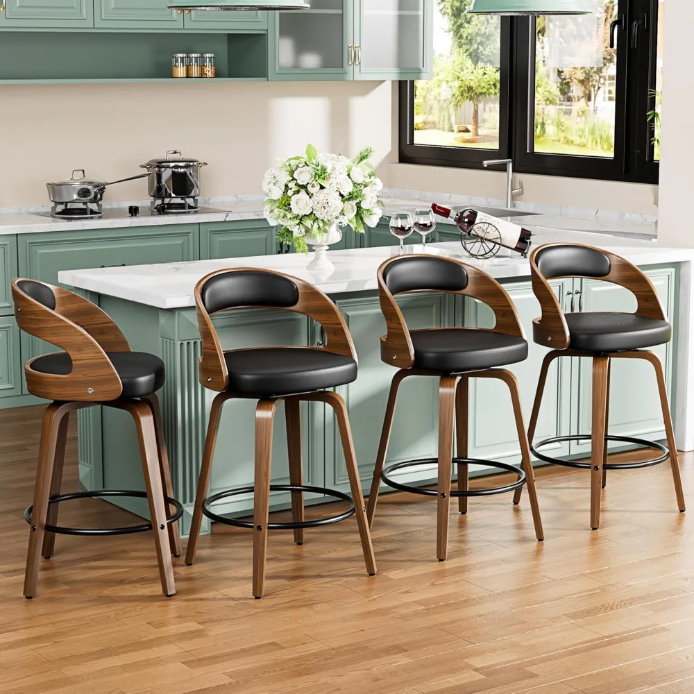 

Bar Stools Set of 4, 26" Swivel Counter Height Bar Stools with Bentwood Legs and Back, Mid Century Modern Faux Leather Upholster