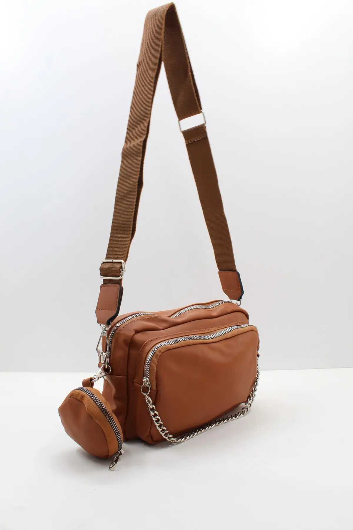 Women Tan Column Chain Detailed Cross Bag